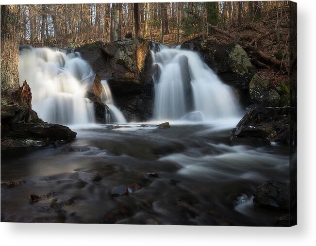 The Secret Waterfall Water Fall Falls Outside Outdoors Nature Natural Serene Serenity Bliss Beautiful Golden Light Long Exposure Longexposure Brian Hale Brianhalephoto Water Stream River Brook Woods Forest Secluded Hidden Gem Rutland Ma Mass Massachusetts Newengland New England Usa U.s.a. Trees Rocks Boulders Old Mill Site Oldmill Grist Lower Dreamy Dream Rural Acrylic Print featuring the photograph The Secret Waterfall in golden light by Brian Hale