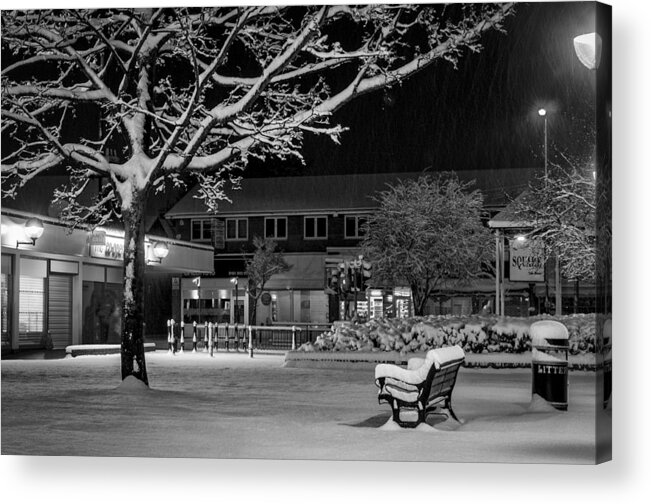 Hale Barns Precinct Acrylic Print featuring the photograph The square in the snow by Neil Alexander Photography