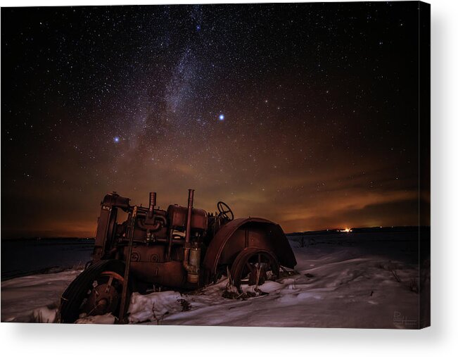Astro Landscape Scenic Stars Milky Way Winter Antique Tractor Nd Night Night Sky Acrylic Print featuring the photograph The Witness by Peter Herman