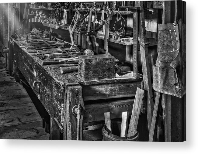 Aged Acrylic Print featuring the photograph This Old Workshop BW by Susan Candelario