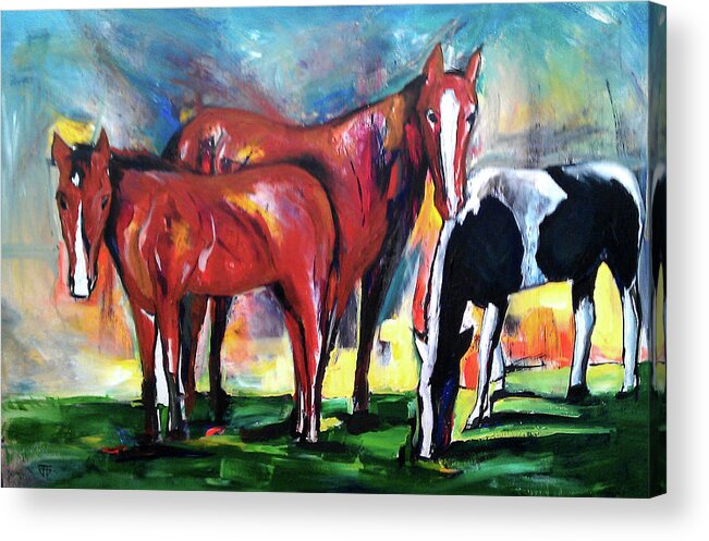 Horse Portraits Acrylic Print featuring the painting Three Horses Sunny Day by John Gholson