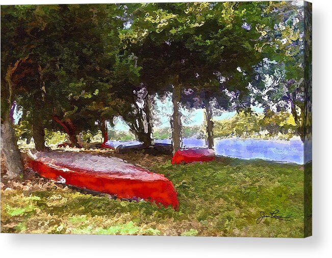 Red Canoes Acrylic Print featuring the painting Three Red Canoes by Joan Reese
