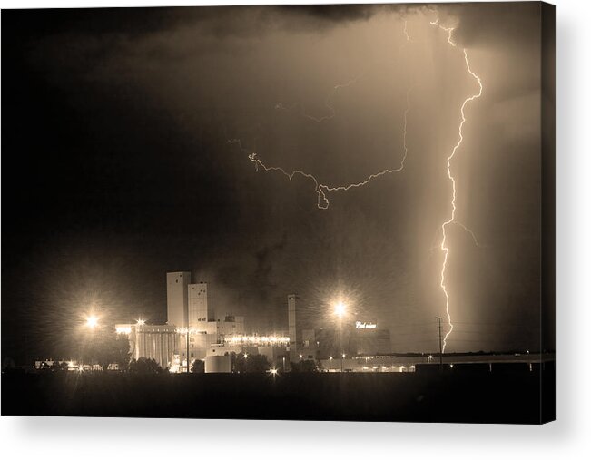 Budweiser Acrylic Print featuring the photograph To The Right Budweiser Lightning Strike Sepia by James BO Insogna
