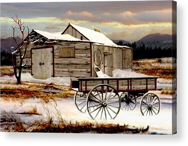 Montana Shed Barn Stable Wagon Landscape Spring Time Touch Empty Wagon Wheels Hay Drifts Horse Barn Stable Mountain Range Winter Snow Western Barn Horse Rockies Rocky High Sunset Ron Chambers Ronnie Ronald K Rkc Lonesome Pine Lone An Am As At If In Is It Of On Or Us A Be He Me We Do No So To By Than From And The This But For With Western Scape Landscape Sunrise Sunset Dawn Rocky Mountain Country Westerns Twilingt Evening Daybreak Day Break Dawns Early Light Forest Pines Drifts Framhouse Acrylic Print featuring the painting Touch of Spring by Ron and Ronda Chambers