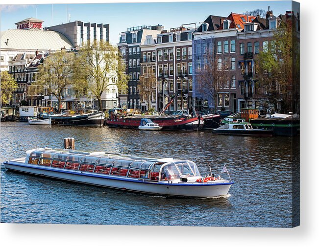 Jenny Rainbow Fine Art Photography Acrylic Print featuring the photograph Touristic Boat at Amsterdam Canal by Jenny Rainbow