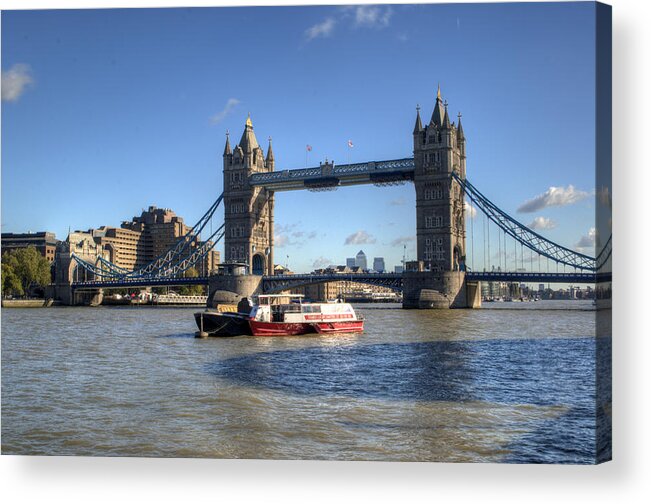 Tower Bridge Acrylic Print featuring the photograph Tower Bridge with Canary Wharf in the Background by Chris Day