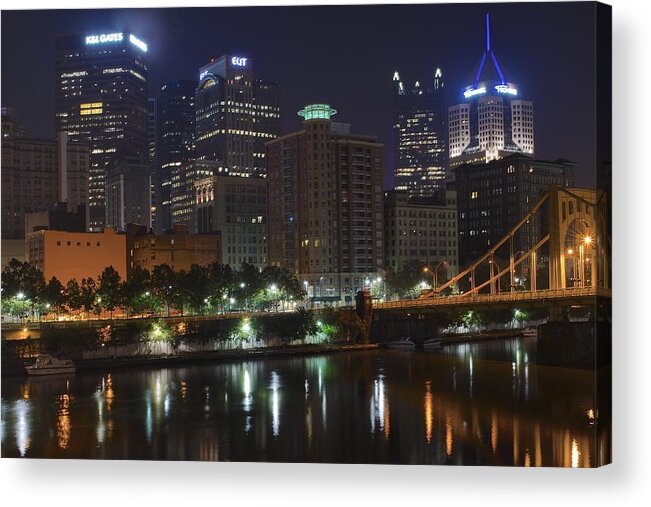 Pittsburgh Acrylic Print featuring the photograph Towering over the River by Frozen in Time Fine Art Photography