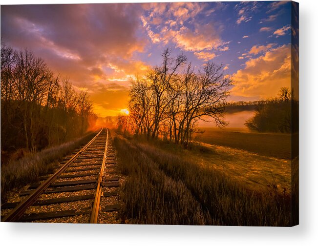 Arrival Acrylic Print featuring the photograph Train Track Sunrise by Brian Stevens