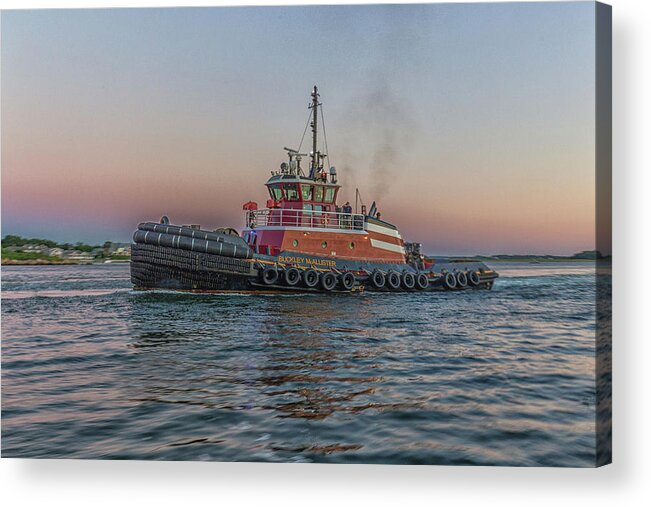 Tugboat Buckley Mcallister At Sunset Acrylic Print featuring the photograph Tugboat Buckley McAllister At Sunset by Brian MacLean