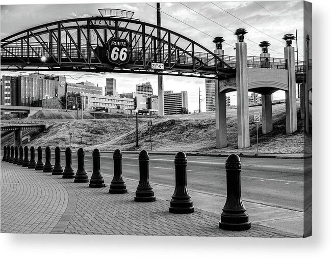 Route 66 Acrylic Print featuring the photograph Tulsa Oklahoma Route 66 - Cyrus Avery Plaza - Black and White by Gregory Ballos