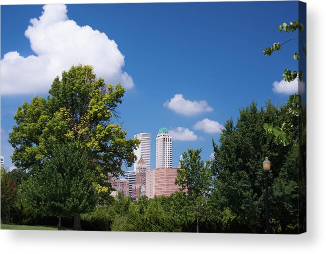 Tulsa Skyline Acrylic Print featuring the photograph Tulsa Skyline Beyond the Trees by Gregory Ballos