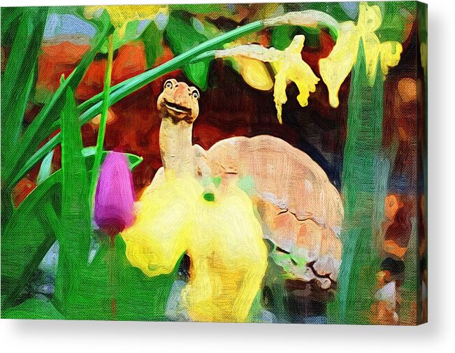 Turtle Acrylic Print featuring the photograph Turtle in the Tulips by Donna Bentley
