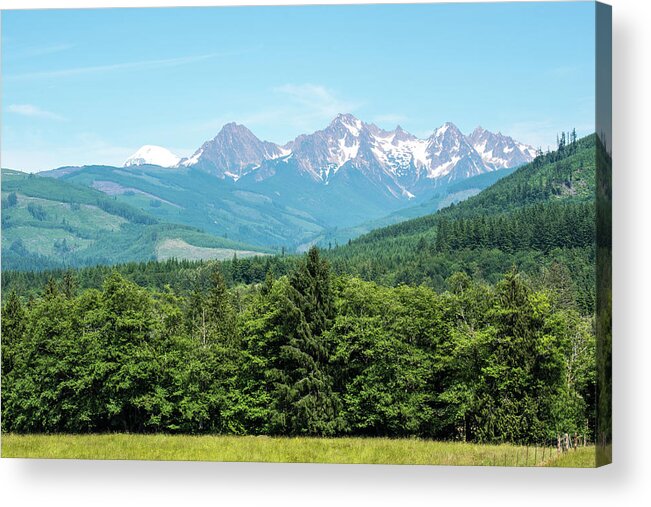 Twin Sisters And Mt Baker Peeking. Pull-off Acrylic Print featuring the photograph Twin Sisters and Mt Baker Peeking by Tom Cochran