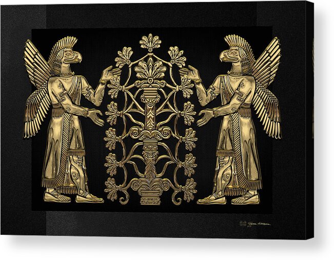 ‘treasures Of Mesopotamia’ Collection By Serge Averbukh Acrylic Print featuring the digital art Two Instances of Gold God Ninurta with Tree of Life over Black Canvas by Serge Averbukh