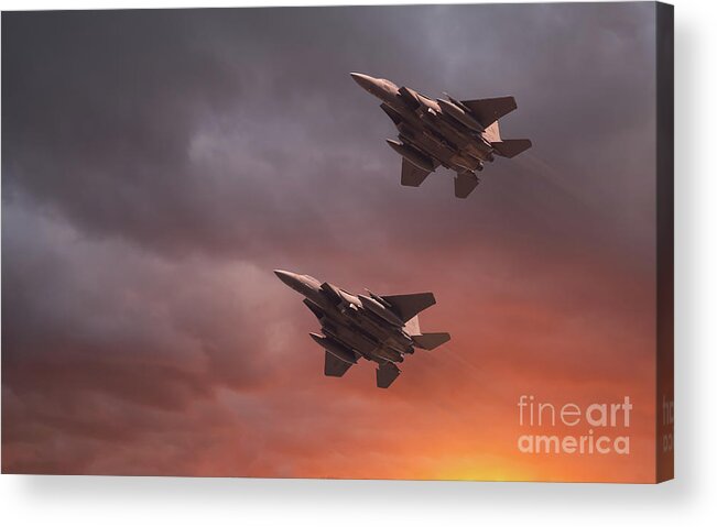 Usaf Acrylic Print featuring the photograph Two low flying F-15E Strike Eagles at sunset by Simon Bratt