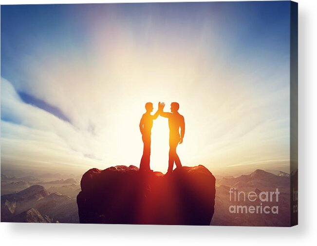 Highfive Acrylic Print featuring the photograph Two men high five on top of the mountains by Michal Bednarek