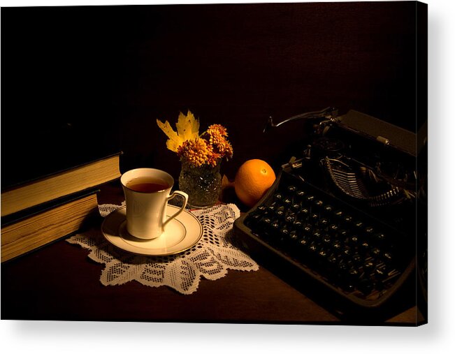 Still Life Acrylic Print featuring the photograph Typewriter and Tea by Levin Rodriguez