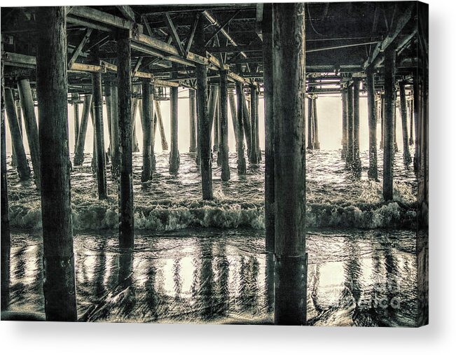 Under The Pier; Pylons; Waves; Ocean; Pacific Ocean; White; Silver; Water; Joe Lach; Beach; Sand; Light; Acrylic Print featuring the photograph Under the Pier 5 by Joe Lach