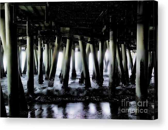 Under The Pier; Pylons; Waves; Ocean; Pacific Ocean; White; Silver; Water; Joe Lach; Beach; Sand; Light; Green Acrylic Print featuring the photograph Under the Pier 6 by Joe Lach