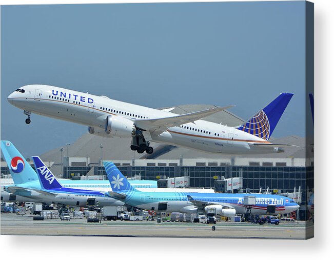 Airplane Acrylic Print featuring the photograph United Boeing 787-9 N27965 Los Angeles International Airport May 3 2016 by Brian Lockett