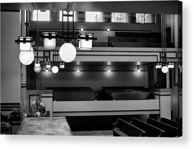 Architecture Acrylic Print featuring the photograph Unity Temple Interior Black and White by Jim Shackett