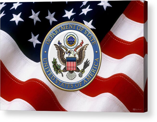 'military Insignia & Heraldry 3d' Collection By Serge Averbukh Acrylic Print featuring the digital art U. S. Department of State - D o S Emblem over American Flag by Serge Averbukh