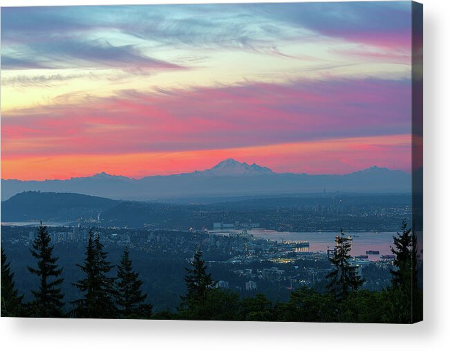 Mount Baker Acrylic Print featuring the photograph Vancouver BC cityscape with Cascade Range morning view by David Gn