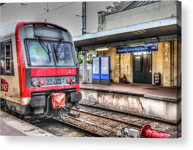 Versailles Chateau Rive Gauche Paris France Metro Train Surreal Colors Gritty Tracks Rails Station Acrylic Print featuring the photograph Versailles Metro by Ross Henton