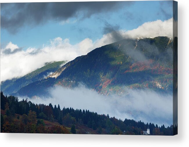 Bled Acrylic Print featuring the photograph View across to Saint Catherine's Church near Bled by Ian Middleton