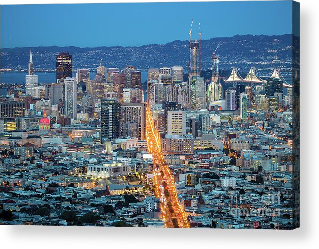 Bridge Acrylic Print featuring the photograph View over San Francisco by Night, California in USA by Amanda Mohler