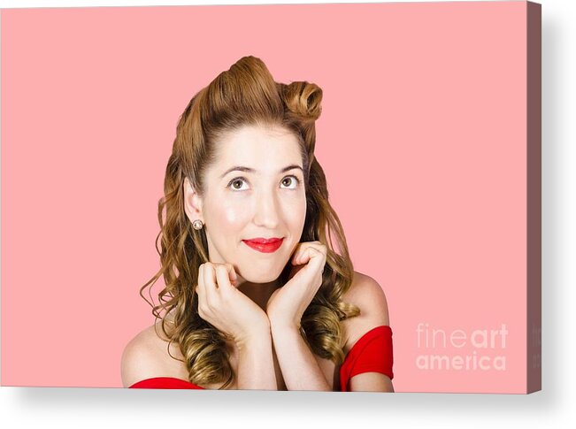 Pinup Acrylic Print featuring the photograph Vintage makeup photo of cute smiling blonde girl by Jorgo Photography