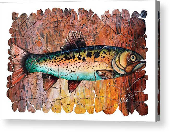 Mosaic Acrylic Print featuring the painting Vintage Red Trout Fresco Every Fisherman should have inspiring art and of course a Fisherman Prayer by OLena Art
