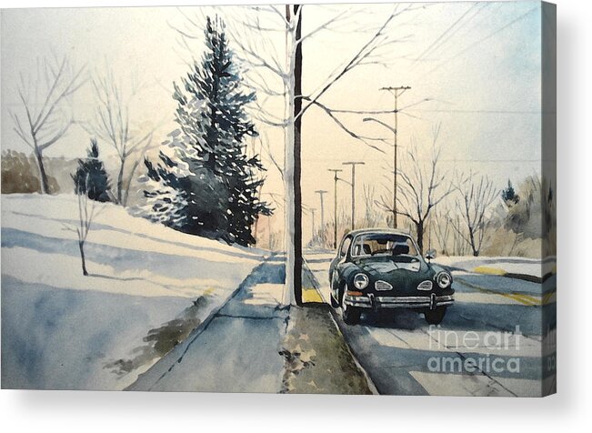 Volkswagen Acrylic Print featuring the painting Volkswagen Karmann Ghia on snowy road by Christopher Shellhammer