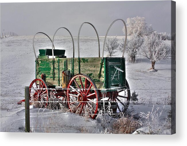 Wagon Wheels Red Wheels Hoare Frost Trees Snow Ice Fence Covered Wagon Acrylic Print featuring the photograph Wagon by David Matthews