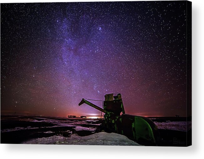 Astroscape Skyscape Night Stars Milky Way Landscape Starscape Combine Harvester Nd Snow Winter Orion North Dakota Cold Purple Green John Deere Acrylic Print featuring the photograph Waiting for Next Harvest by Peter Herman