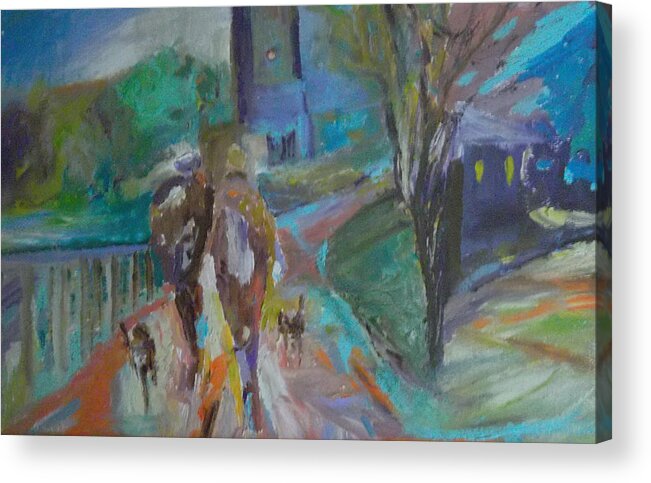 Cityscape Acrylic Print featuring the painting Walkin the Dogs by Susan Esbensen