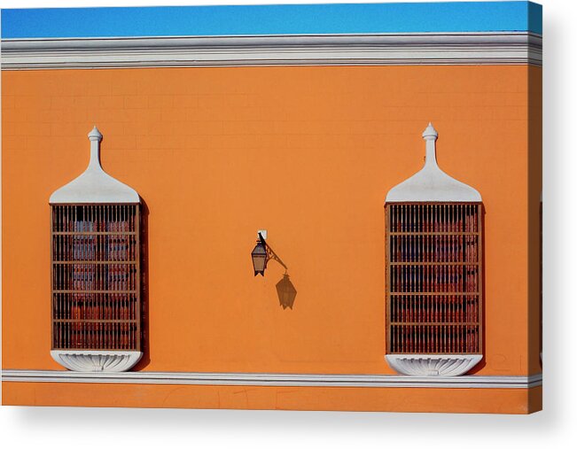 Bright Acrylic Print featuring the photograph Wall Lamp and Windows in Trujillo in Peru by John Rocha