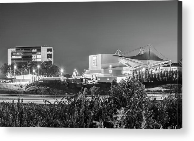 Bentonville Skyline Acrylic Print featuring the photograph Walmart AMP and Northwest Arkansas Cityscape - Black and White by Gregory Ballos