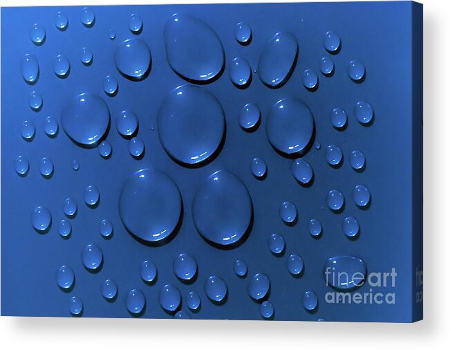 Water Acrylic Print featuring the photograph Water drops pattern on blue background by Simon Bratt