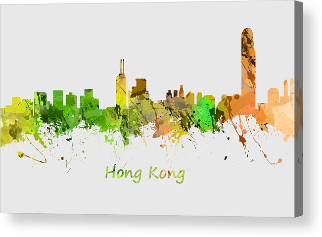 Hong Kong; City Skyline; Watercolour; Watercolour; Urban; Silhouette; Cityscape; Skyline; Digital Art; Home Dcor; Fine Art; Serene; Canvas; Colourful; Art; Prints; Buy Acrylic Print featuring the painting Watercolor Skyline of Hong Kong by Chris Smith