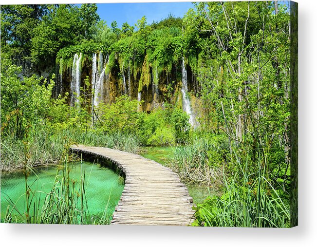 Green Acrylic Print featuring the photograph Waterfall and Wooden Path in Plitvice National Park in Croatia by Brandon Bourdages