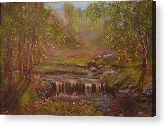 Waterfall Acrylic Print featuring the painting Waterfall Paridise by Michael Mrozik