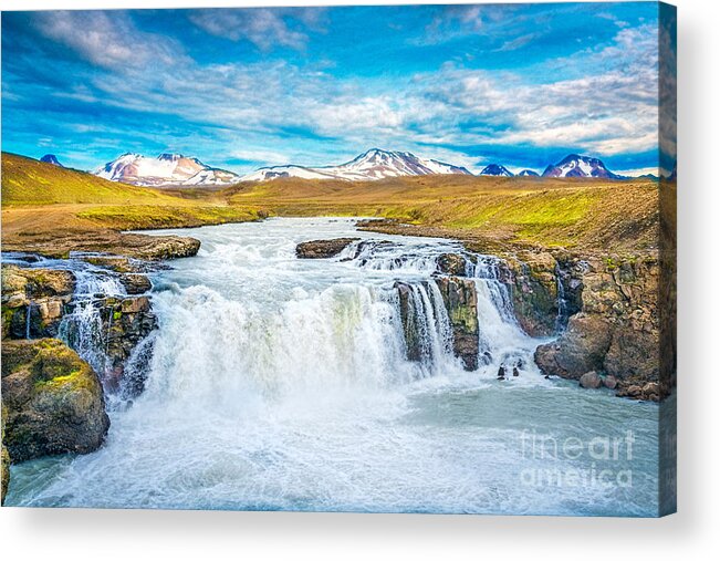 Iceland Acrylic Print featuring the photograph Waterfalls, mountains, sky by Izet Kapetanovic