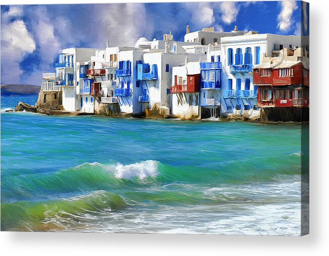 Waterfront At Mykonos Acrylic Print featuring the painting Waterfront at Mykonos by Dominic Piperata