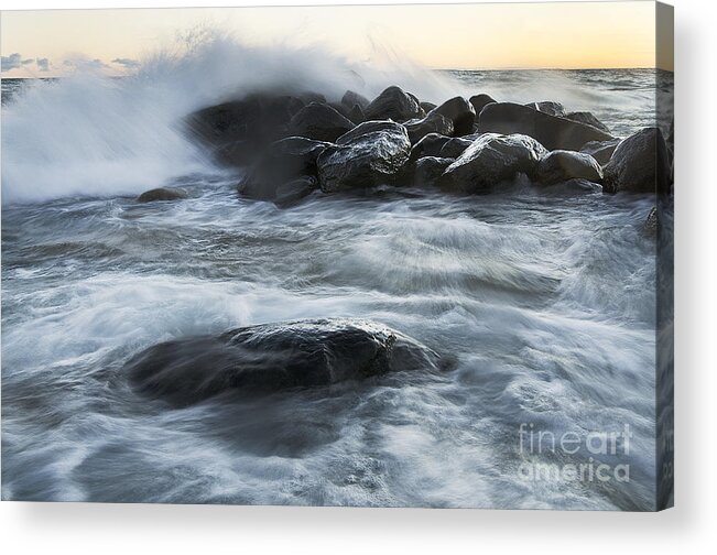 Wave Acrylic Print featuring the photograph Wave Crashes Rocks 7835 by Steve Somerville
