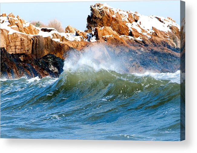 Gloucester Acrylic Print featuring the photograph Wave Mirrors Rock by Greg Fortier