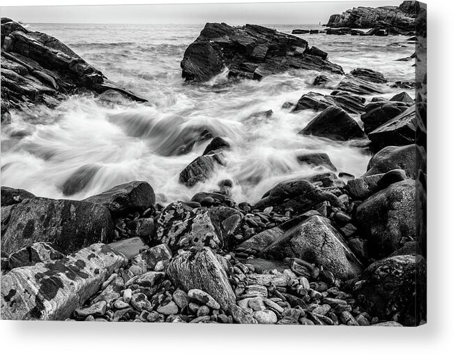 Black And White Acrylic Print featuring the photograph Waves Against a Rocky Shore in BW by Doug Camara