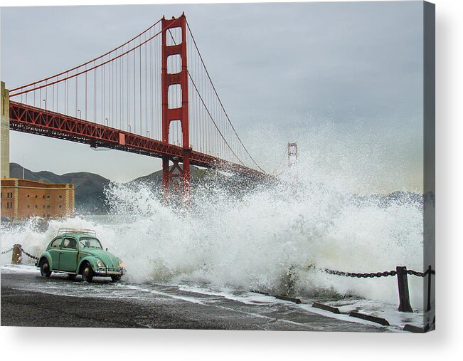 Richard Kimbrough Acrylic Print featuring the photograph Waves Crash over a Vintage Beetle in Front of the Golden Gate Bridge San Francisco California by Richard Kimbrough