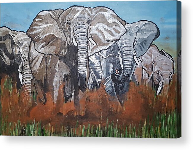 Elephants Acrylic Print featuring the painting We Ready For De Road by Rachel Natalie Rawlins
