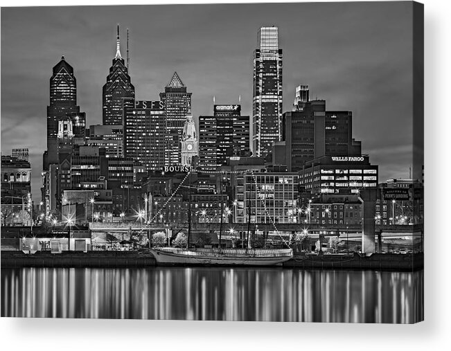 Philadelphia Skyline Acrylic Print featuring the photograph Welcome To Penn's Landing BW by Susan Candelario